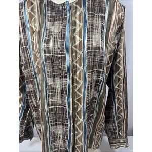 Yves St Clair 2 Vintage Blouse Brown Abstract Bamboo Teal Stripes Size 24W